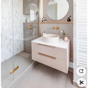 Mueble de baño MILIA suspendido 100 cm 2 cajones según plano  estructura blanco mate - frente acabado NSC 0907-880  tirador oro mate - Tapa y lavabo OSIRIS Solid surface sin agujero griferia