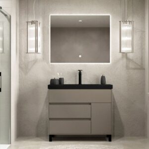 Mueble de baño CARMEN  3 cajones/ 1 puerta con patas  MOKA 100 cm  - Lavabo porcelana100 cm blanco brillo altura total 87 cm  - Columna auxiliar 2 puertas  70x50x27 MOKA - Espejo LYRA  100x80