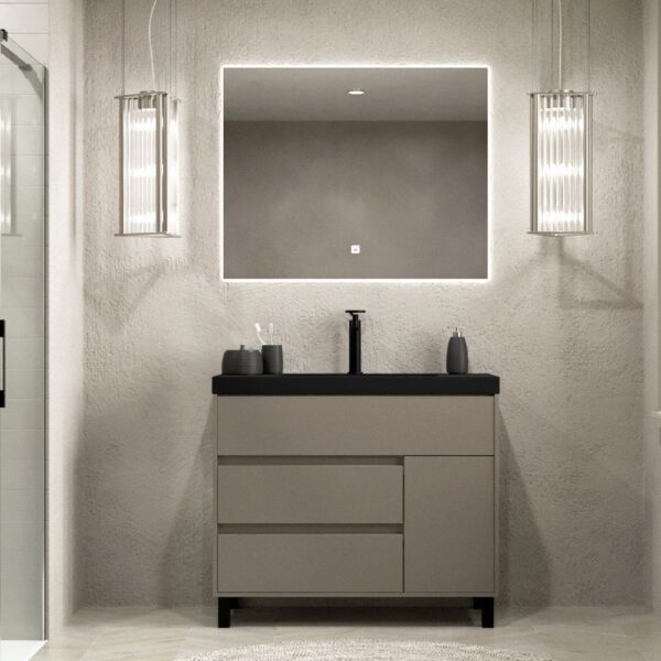 Mueble de baño CARMEN  3 cajones/ 1 puerta con patas  MOKA 100 cm  - Lavabo porcelana100 cm blanco brillo altura total 87 cm  - Columna auxiliar 2 puertas  70x50x27 MOKA - Espejo LYRA  100x80