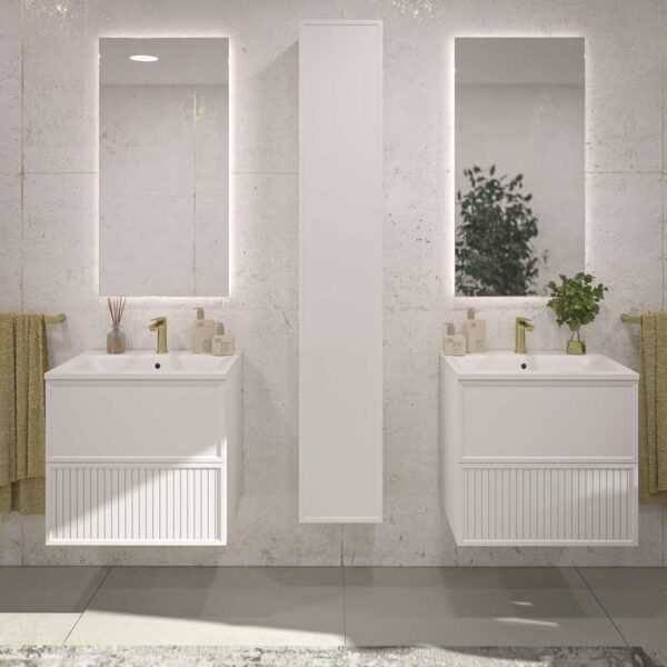 Mueble de baño BUDGET ( cajón arriba liso / abajo rayas anchas ) costados vistos con tirador  suspendido 2 cajones 80 cm x 38 cm  BLANCO  con lavabo solid surface  - Mueble de baño BINARIO suspendido 2 cajones 90 cm x 38 cm Altura 70 cm  ROBLE OSCURO con lavabo SOLID SURFACE