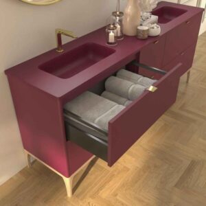 Mueble de baño VICENT 140 cm 4 cajones  ROJO PARDO  tirador oro con encimera SOLID SURFACE  2 senos rojo pardo agujero griferia  - Toallero lateral oro ( 2 uds ) - Grifo GLORY oro cepillado ( 2 uds )