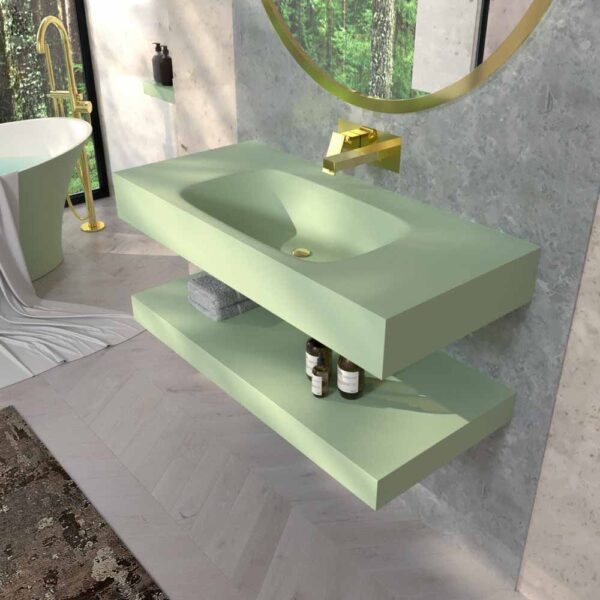 Lavabo LIDO 101x46 1 seno VERDE BLANQUECINO  Ral 6019 con griferia a pared - Valvula click - clack VERDE BLANQUECINO  Ral 6019
