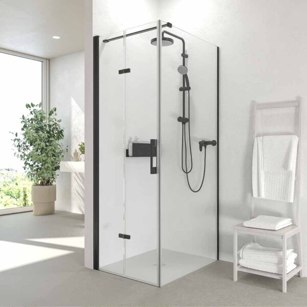 Mampara de ducha SINTESIS rectangular 1 puerta pleglable + 1 fijo   ( puerta 70 cm x fijo 46  cm ) NEGRO MATE