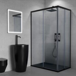 Mampara de ducha FLARE rectangular 2 fijos - 2 puertas correderas  113,5 cm x 67,5 cm NEGRO  - Mampara de ducha ZEN fijo 98,5 cm CROMO