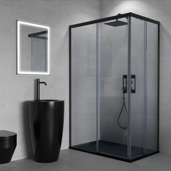 Mampara de ducha FLARE rectangular 2 fijos - 2 puertas correderas  113,5 cm x 67,5 cm NEGRO  - Mampara de ducha ZEN fijo 98,5 cm CROMO