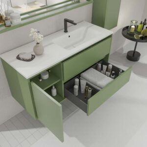 Mueble de baño CLAIRE suspendido 2 cajones / 1 puerta  90 cm VERDE PALIDO Ral  6021 - Lavabo blanco solid surface izda.