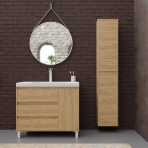 Mueble de baño CARMEN 3 cajones ( cajón inferior alto 30 cm - cajones superiores 22,5 cm )  / 1 puerta 100 cm MOHAVE   - Lavabo porcelana 100 cm blanco