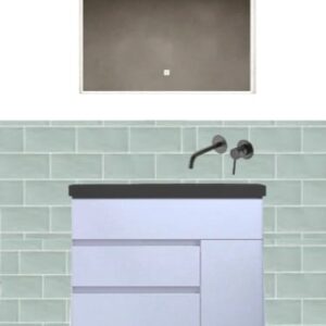 Mueble de baño CARMEN 3 cajones / 1 puerta 100 cm Gris cemento  ral 7040  con patas negro - Encimera 6 cm con seno a derecha sin agujero griferia Grafito Ral 7012
