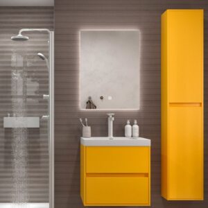 Mueble de baño CARMEN suspendido 2 cajones  MOSTAZA  lavabo resina blanco brillo - Columna auxiliar 2 puertas 185x35x25  MOSTAZA