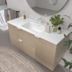 VARO BATH | Mueble de baño suspendido  120 cm colección Vito - Color Alcatraz (2 Cajones + 1 Puerta) con lavabo porcelana blanco 2 senos - Columna VITO 100x35x25 2 puertas Alcatraz