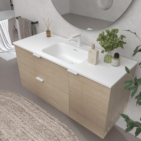 VARO BATH | Mueble de baño suspendido  120 cm colección Vito - Color Alcatraz (2 Cajones + 1 Puerta) con lavabo porcelana blanco 2 senos - Columna VITO 100x35x25 2 puertas Alcatraz