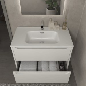 Mueble de baño TOSCANA a suelo 3 cajones  RAL 1001  frente liso 80 cm altura total 88 cm - Lavabo porcelana blanco 80 cm  - Espejo CIRCLE 70 cm biled