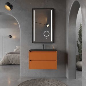 Columna de 1 puerta, medidas 170 cm × 40 cm × 25 cm, con puerta lisa y en color azul colombino (RAL 5014) -Mueble CLAIRE de 2 cajones, medida 80 cm, con lavabo blanco y en color azul colombino (RAL 5014) - Columna Carmen en verde reseda (RAL 6011), 70 cm x 35 cm x 17 cm -  Toallero lateral cromo