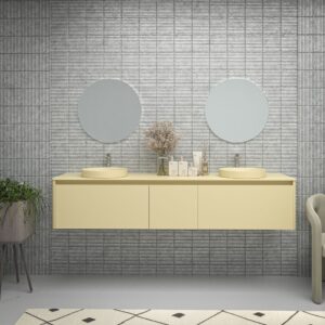 Mueble de baño FUSE 140 cm 2 cajones CREMA  con encimera 2 senos CREMA  con agujero griferia - Espejo NERINA  140x80 luz neutra , espejo aumento LEDS , antivaho doble touch on/off