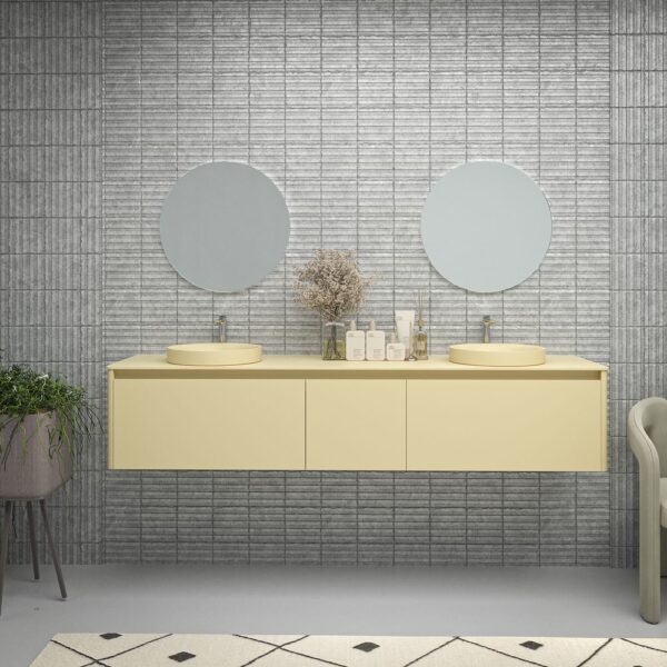 Mueble de baño FUSE 140 cm 2 cajones CREMA  con encimera 2 senos CREMA  con agujero griferia - Espejo NERINA  140x80 luz neutra , espejo aumento LEDS , antivaho doble touch on/off