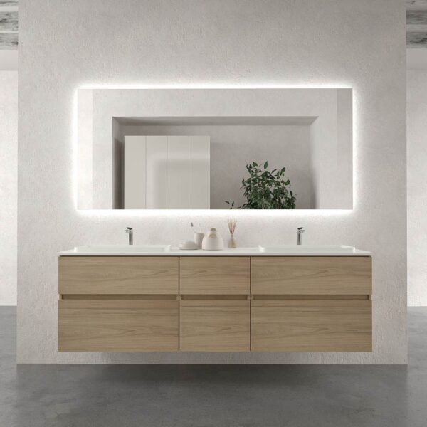 Mueble de baño DUNE suspendido  187,5 cm fondo  39 cm 6 cajones ROBLE ULLOA - Encimera 2 senos  sin agujero de griferia  BLANCO