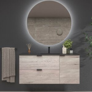 1-Mueble de baño VITO de 2 cajones/ 1 puerta  de 80 cm: •	Acabado “ALCATRAZ” •	Tiradores “NEGROS” •	Lavabo blanco sin agujero para grifería  2-Columna de baño IBERIA suspendida 2 puertas 120 cm x 35 cm x 21 cm: •	acabado ALCATRAZ •	Tiradores “NEGROS”  3-Mueble de baño suspendido DUNE 6 cajones ROBLE ULLOA con encimera SOLID SURFACE 2 senos acabado Blanco medidas 170cm: •	Acabado “ROBLE ULLOA” •	Encimera solid Surface “blanca” •	Lavabo solid Surface “blanco” cuadrado sin agujero para grifería.
