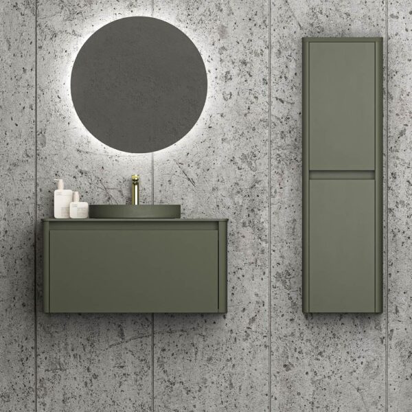 Mueble de baño FUSE suspendido 1 cajón 100 cm  con encimera sin agujero griferia OLIVA - Columna auxiliar 120x35x25 OLIVA