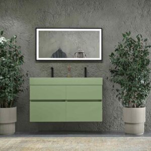 Mueble de baño DUNE suspendido 120 cm 4 cajones GRIS CLARO - Encimera SOLID SURFACE 2 senos 120 cm con agujero griferia BLANCO