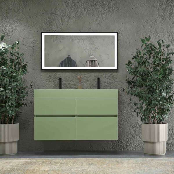 Mueble de baño DUNE suspendido 120 cm 4 cajones GRIS CLARO - Encimera SOLID SURFACE 2 senos 120 cm con agujero griferia BLANCO