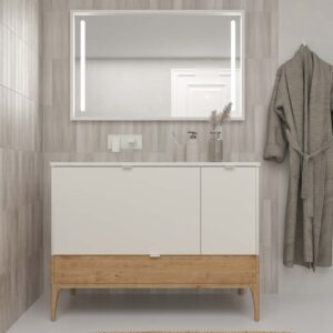 Mueble de baño VICENT 2 cajones / 1 puerta 100 cm ( cajón inferior acabado nogal a juego suelo )  BLANCO PAPIRO - Encimera porcelana 100 cm