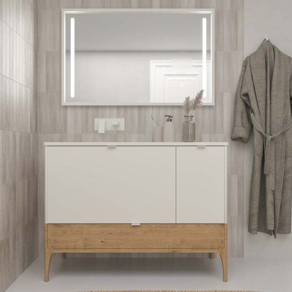 Mueble de baño VICENT 2 cajones / 1 puerta 100 cm ( cajón inferior acabado nogal a juego suelo )  BLANCO PAPIRO - Encimera porcelana 100 cm