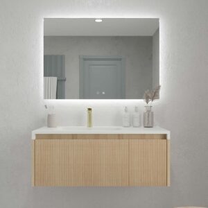 Mueble de baño BINARIO suspendido 2 cajones (100 cm izda / 60 cm dcha ) 160 cm roble  claro  fondo 40 cm  - Encimer Solid Surface 1 seno izda  blanco con agujero griferia ( a 12 cm )