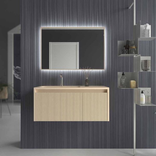 Mueble de baño BINARIO suspendido 110 cm 2 cajones CREMA - Encimera SOLID SURFACE crema agujero griferia -Columna auxiliar BINARIO 1 puerta  110x35x22 CREMA - -Espejo con luz trasera perimetral marco aluminio CREMA 100 cm alto x 100 cm ancho