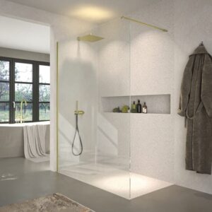 Plato de ducha URBANSTONE150 cm x 80 cm BLANCO  - Mampara de ducha FRESH fijo 150 cm ORO CEPILLADO