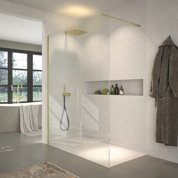 Plato de ducha URBANSTONE150 cm x 80 cm BLANCO  - Mampara de ducha FRESH fijo 150 cm ORO CEPILLADO