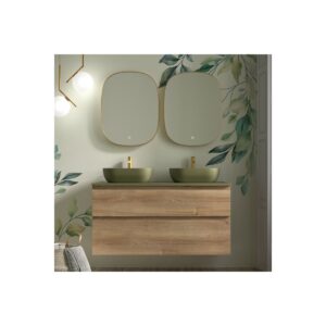 Mueble de baño CARMEN suspendido 2 cajones costados vistos 100 cm color 30 con tapa BLANCA  y lavabo CAFE  - Espejo CIRCLE 80 cm luz neutra - antivaho doble touch on/off
