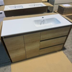 Mueble de baño MANILA 120 cm 3 cajones - 1 puerta ROBLE CLARO -  Lavabo 120 cm porcelana negro a derecha ( pago 50 % )