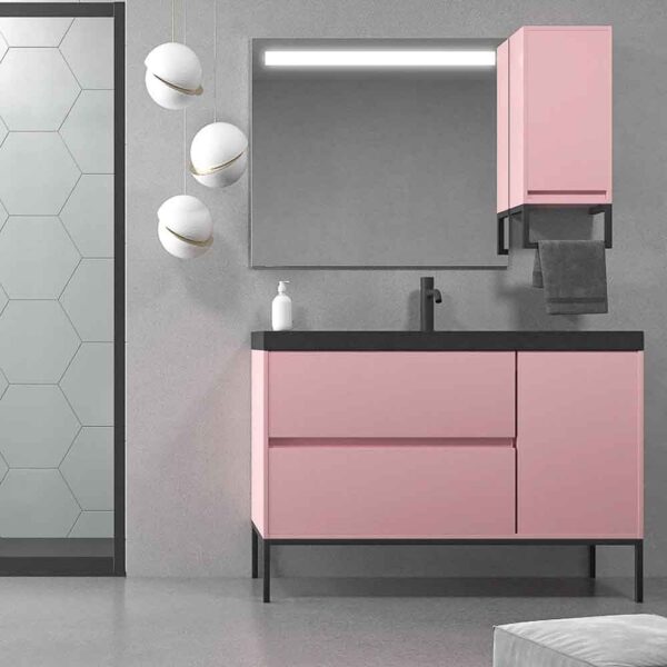 Mueble de baño EVO 110 cm  2 cajones / 1 puerta ( 70 cm+40cm) ROSA PALO con patas ORO MATE - Encimera SOLID SURFACE blanco con agujero griferia -  Armario auxiliar 1 puerta  70 cmx30cmx18cm ROSA PALO