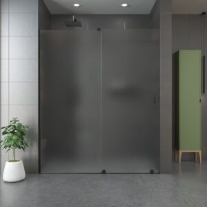 Mampara de ducha ANDREA frontal 1 fijo - 1 puerta corredera 119 cm ( fijo vidrio acanalado / puerta vidrio transparente con tirador ) gomas negras  acabado NEGRO MATE con instalación
