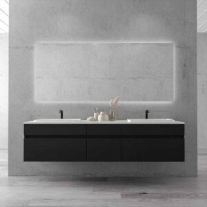 Mueble de baño DUNE suspendido 180 cm 6 cajones  Gris Azulado Ral 7031 - Encimera SOLID SURFACE 2 senos blanco agujero griferia - Espejo TORONTO 180x80 con espejo aumento led izda -  Mampara de ducha ZEN fijo 160 cm ORO ROSA