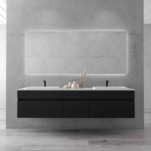 Mueble de baño DUNE suspendido 180 cm 6 cajones  Gris Azulado Ral 7031 - Encimera SOLID SURFACE 2 senos blanco agujero griferia - Espejo TORONTO 180x80 con espejo aumento led izda -  Mampara de ducha ZEN fijo 160 cm ORO ROSA