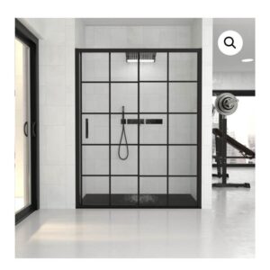 Mampara de ducha FLARE frontal 1 fijo - 1 puerta corredera 134 cm Decorado Industrial cuadros ( puerta derecha ) Vidrio 8 mm  NEGRO