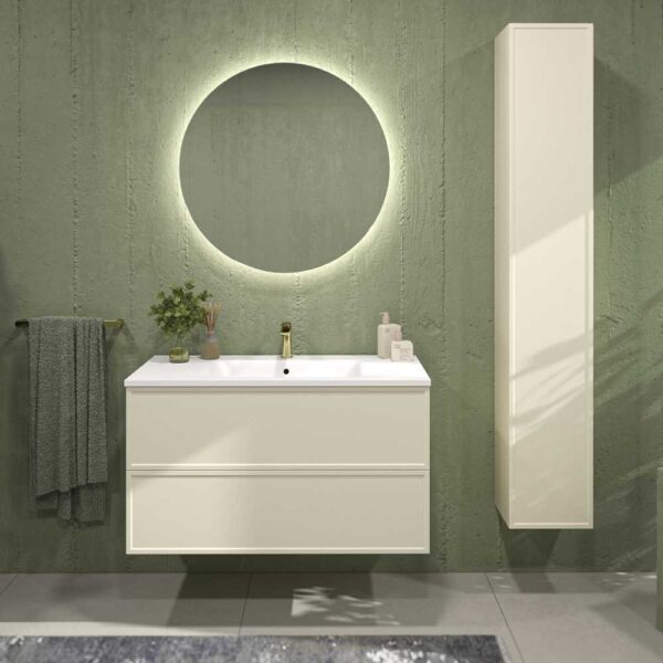 Mueble de baño BUDGET suspendido 2 cajones 120 cm acabado  NCS 3010 - G10Y.  - Tapa 120 cm con lavabo OSIRIS blanco SOLID SURFACE