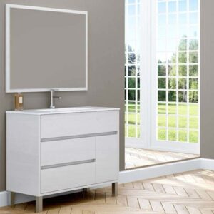 *Mueble baño CLOE 90 cm  3 cajones y 1 puerta con patas de 15 cms altura   VERDE PATINA Ral  6000 *Lavabo blanco desplazado a la izquierda 90  *Columna de 2 puertas 185 altura, 35 ancho, 25 fondo con patas de 15 cms altura  Verde Patina RAL 6000 *Espejo de 90x80 con luz perimetral  trasera  encendido táctil y antivaho