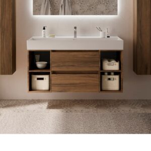 Mueble de baño supendido 100 cm 2 cajones / 2 huecos (  25cm  hueco+ 1 cajón 50cm + 25cm hueco ) OLMO  uñero negro - Lavabo TOTEM 100 cm blanco