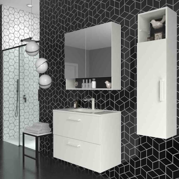 Mueble de baño suspendido 2 cajones NEXO 70 cm  fondo 40 cm BLANCO tirador oro mate - Lavabo Solid Surface MOKA fondo 40 cm agujero griferia