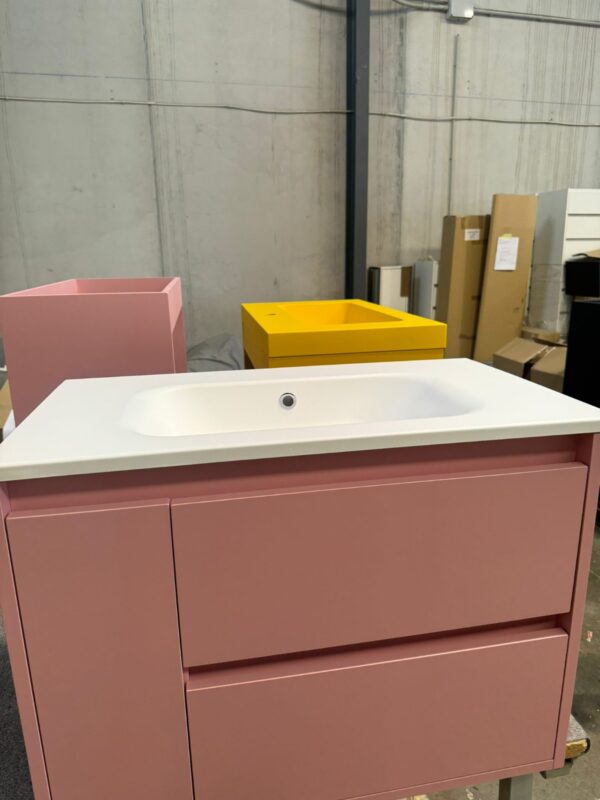 Mueble de baño CARMEN suspendido 2 cajones / 1 puerta 80 cm BLANCO -  Lavabo solid surface 80 cm ROSA CLARO Ral  3015