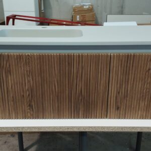 Mueble de baño BINARIO 120 cm 3 cajones ROBLE FRANCES / ARENA  - Encimera SOLID SURFACE 1 seno lavabo izquierda agujero griferia ARENA