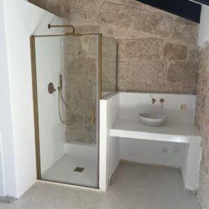 Mampara de ducha OPEN cuadrada 1 puerta abatible  57 cm BLANCO MATE + murete  85 cm BLANCO MATE  instalada ( pago 50% )