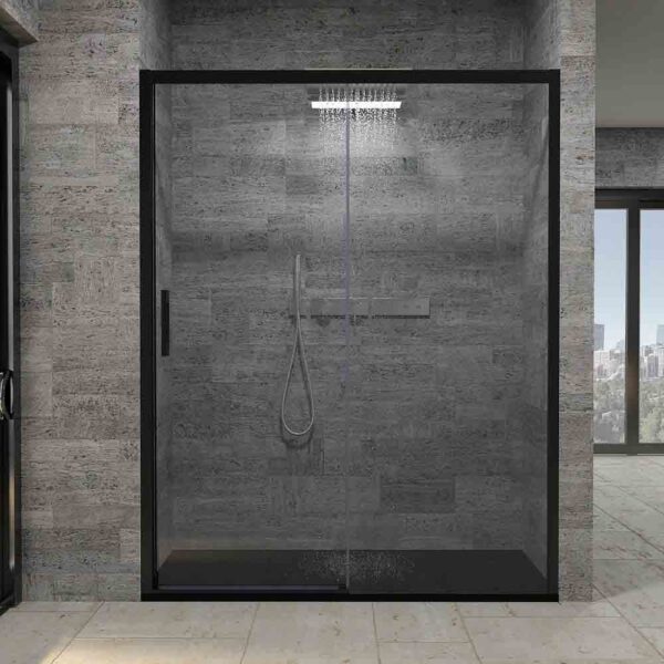 Mampara de ducha FLARE frontal 1 fijo - 1 puerta corredera 142 cm altura especial 179 cm NEGRO MATE