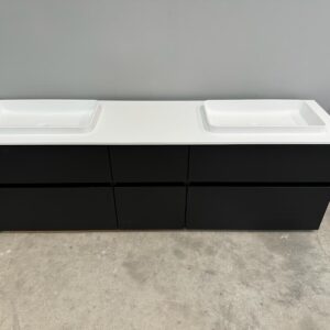 Mueble de baño DUNE suspendido 6 cajones 180 cm NEGRO - Encimera SOLID SURFACE 1 seno izda. lavabo semiencastrado agujero griferia BLANCO