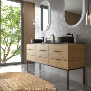 Mueble de baño ELLA 9 cajones 156 cm fondo 50 cm ROBLE CLARO  patas negro con tapa tratada madera ROBLE CLARO - Columna 4 puertas 190x50x35 ROBLE CLARO con patas negro a juego mueble