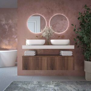 Mueble de baño BUDGET 90 cm 1 cajón CASTAÑO - Tapa y lavabo OSIRIS solid surface blanco - Sifón visto negro - Espejo LAKE 80 cm