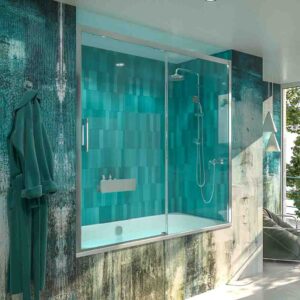 Mampara de bañera FLARE frontal 1 fijo - 1 puerta corredera  vidrio mate 129 cm CROMO BRILLO