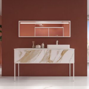 Mueble de baño GRATE con patas 2 cajones acabado mármol CALACATTA GOLD con tapa y lavabo SOLID SURFACE Fogo. Color blanco. Lavabo en parte derecha (Tamaño mueble ancho: 120 cm)- Espejo enmarcado en mismo color mueble baño. Encendido táctil en espejo (Tamaño: 120 cm)-Grifo lavabo blanco mate (IMEX Dinamarca High · Ref: BDR031-3BL- Plato de ducha resina textura pizarra. Efecto en Mármol Zares – antideslizante STONE 3D moderno (Tamaño: 81 x 192 cm) - Mampara de ducha frontal BASIC 2 fijos -2 puertas correderas. Sin perfil inferior. Con tratamiento anti-cal . Acabado BLANCO MATE (Tamaño: 190 alto x 188 cm ancho)